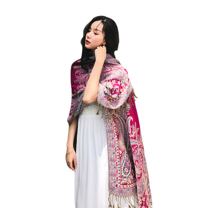 Étole Cachemire Élégance Rose Fuchsia à Motifs Paisley avec Franges