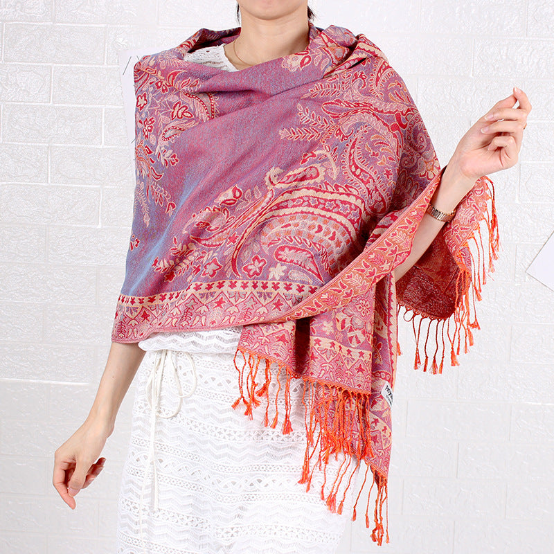 Étole Cachemire Élégance Rose Fuchsia à Motifs Paisley avec Franges