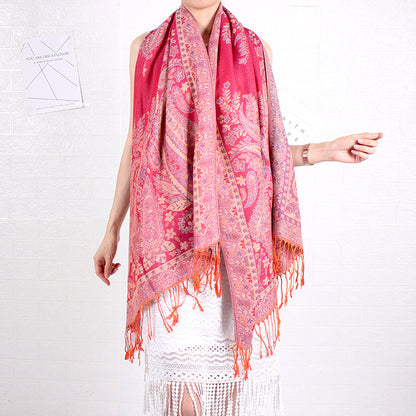 Étole Cachemire Élégance Rose Fuchsia à Motifs Paisley avec Franges